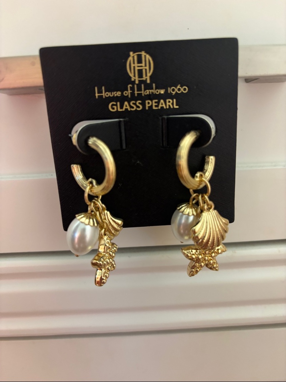 House of Harlow 1960 Gold Sea Charm Glass Pearl Hoop Earrings